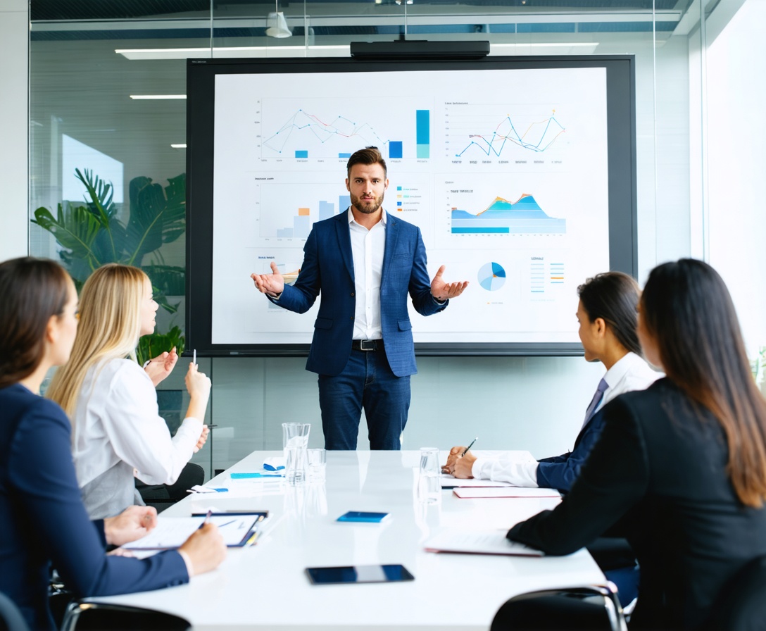 A group of professionals in a boardroom practicing presentations with a coach