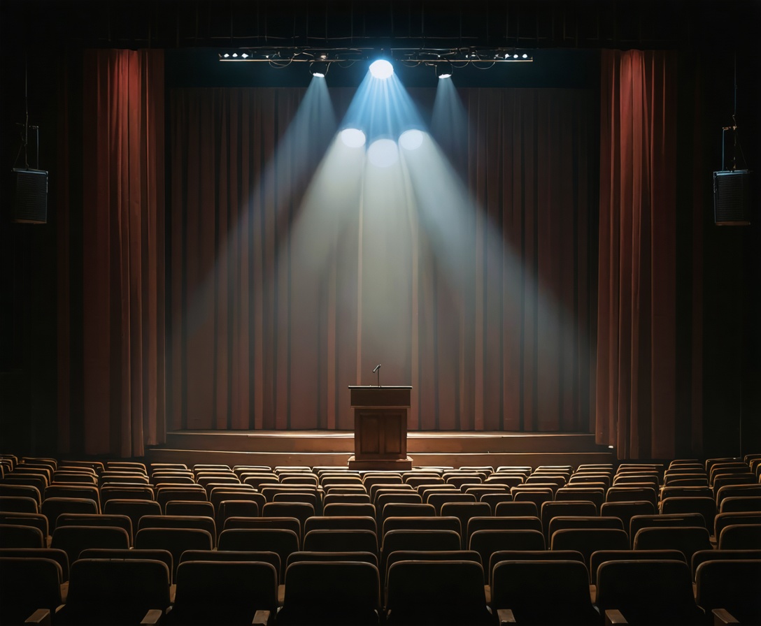 A view of a small theater stage looking out at empty seats, highlighting the speaker's perspective