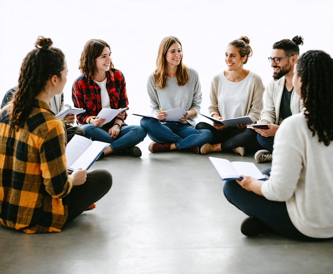 A diverse group of adults participating in an interactive storytelling workshop