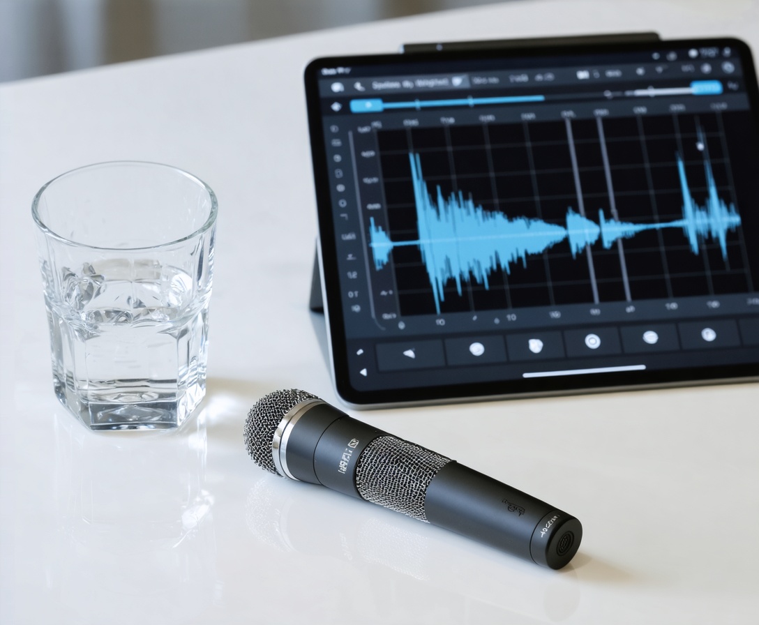 A high-end condenser microphone and audio equipment used for vocal feedback and training