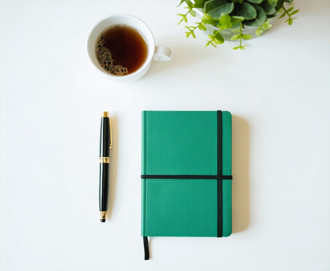 A clean white desk with a green notebook and a fountain pen, ready for inspiration